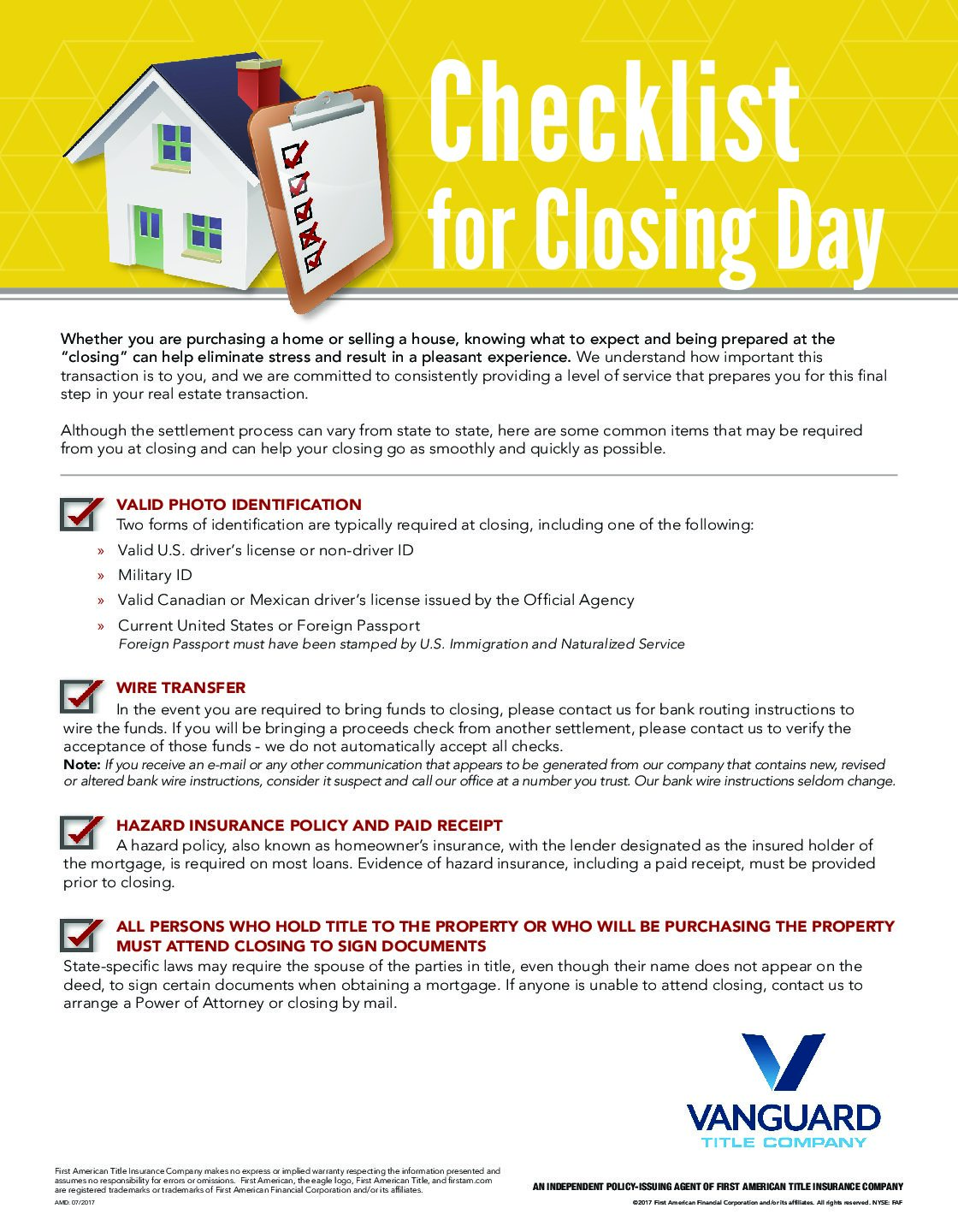 Checklist for Closing Day